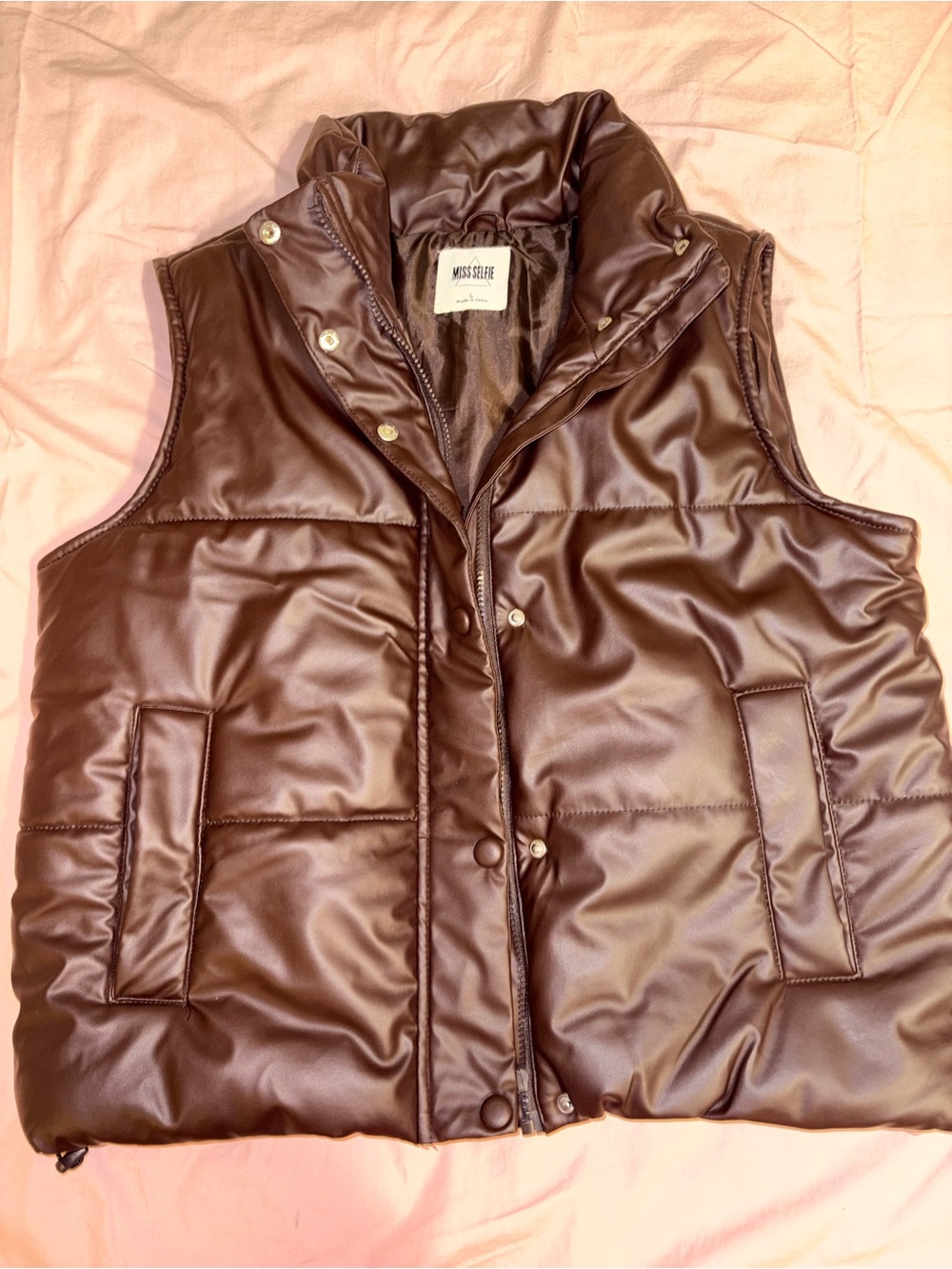 Miss Selfie Chocolate Brown Faux Leather Puffer Vest